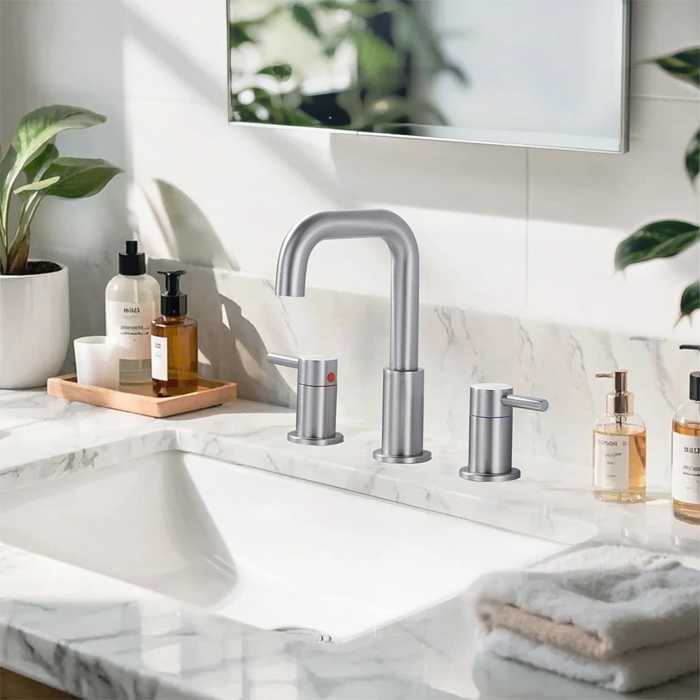 Modern Bathroom Vanity Faucet Basin Mixer Tap 360 Swivel Spout Deck Mounted Three Hole Double Handle Wash Basin Faucet