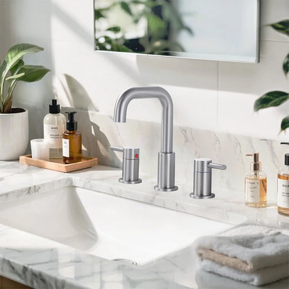 Modern Bathroom Vanity Faucet Basin Mixer Tap 360 Swivel Spout Deck Mounted Three Hole Double Handle Wash Basin Faucet
