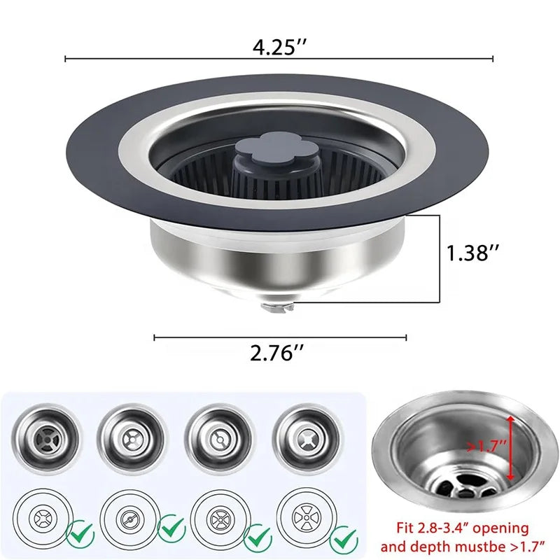 Upgraded 3 in 1 Kitchen Sink Drain Strainer & Stopper Kit, 304 Stainless Steel Pop-up Kitchen Drain with Strainer Basket