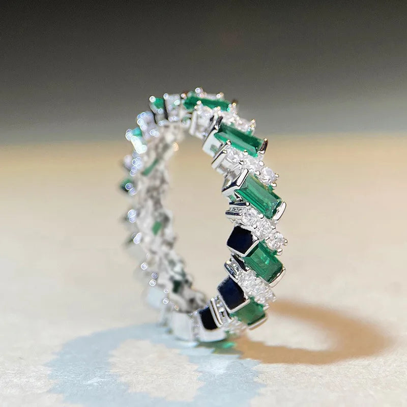 T0202 Emerald Silver Ring Geometric Design Engagement Unisex Jewelry