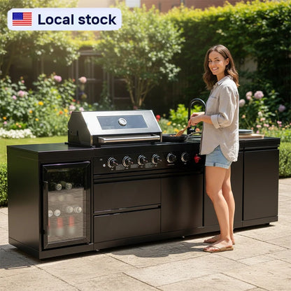 US Overseas Warehouse 304 Stainless Steel Outdoor Kitchen BBQ Island All in One Cooking Station with Fridge & Sink