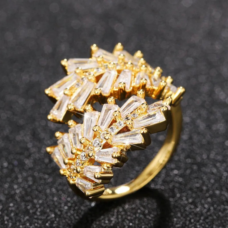 Q314 Geometric Cocktail Ring Gold Plated Crystal Rhinestone Channel Setting Women's Party Jewelry