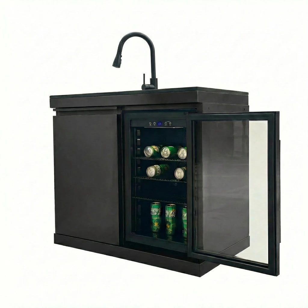 Sink Fridge Combo Outdoor Kitchen 70L Refrigerator Portable Durable 3-Burner OE Home Pull-Down Faucet Brushed SS Granite BBQ