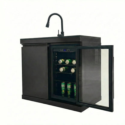 Sink Fridge Combo Outdoor Kitchen 70L Refrigerator Portable Durable 3-Burner OE Home Pull-Down Faucet Brushed SS Granite BBQ