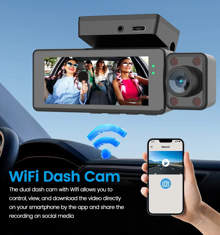 Fuallwin 3.16 Inch Touch Screen Car Dashcam DVR 3 Lens 170 Degree 4K Dash Camera Built-in GPS WiFi