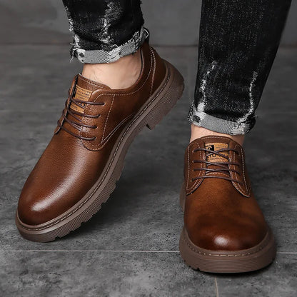 Men's British Style Leather Loafers Round Toe Anti Slip Rubber Sole Spring Casual Dress Shoes