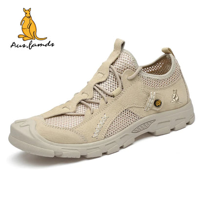 Lightweight Men's Kangaroo Logo Pigskin Leather Casual Sport Slip-On Sandals Breathable Soft Fabric for Spring Walking Style