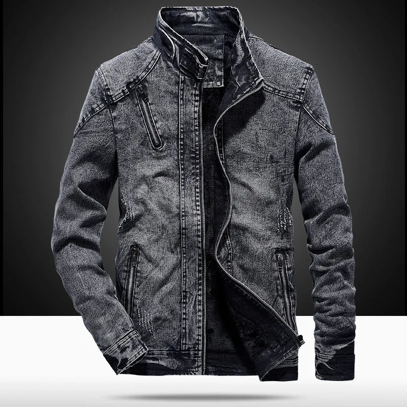 New Vintage Men's Denim Jacket with Wool Fabric Solid Casual Stand Collar Coat Winter Clothes for Men