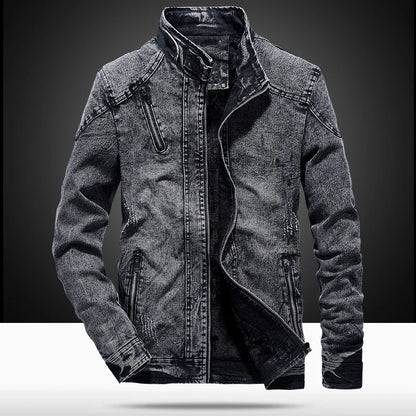 New Vintage Men's Denim Jacket with Wool Fabric Solid Casual Stand Collar Coat Winter Clothes for Men