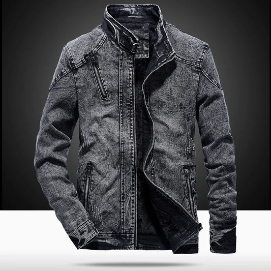 New Vintage Men's Denim Jacket with Wool Fabric Solid Casual Stand Collar Coat Winter Clothes for Men