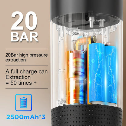 2025 USB Rechargeable Battery-Powered 20 Bar Portable Automatic Espresso Coffee Maker for Car Use Plastic Cappuccino Function