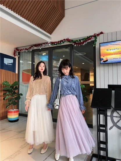 TingYiLi Elegant Tulle Skirt Autumn Winter Big Swing Women Skirt Korean Cute Pink Green Gray Blue Brown Black Long Skirt Tutu
