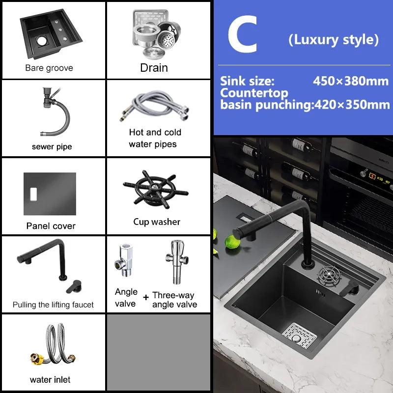 Rice Grain Emboss Stainless Steel Kitchen Sink Small Single Slot Hidden Multifunctional RV Bar Sinks With Lid Undermount Basin