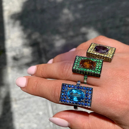 H193 Cocktail Ring Women's Geometric Oval Sapphire Pave Setting Party Fashion Rings