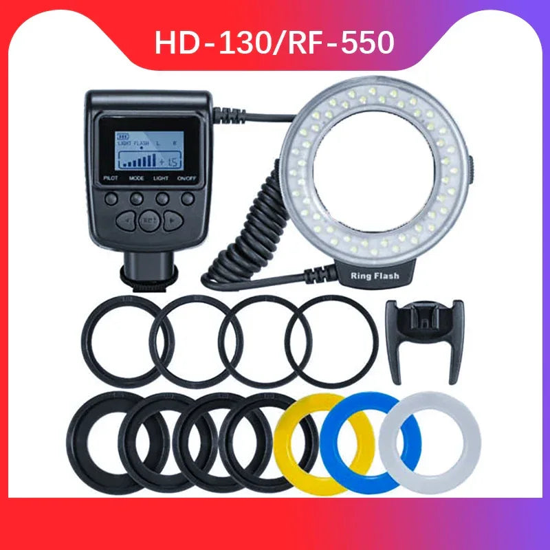 RF-550D 48pcs Macro LED Ring Flash Bundle with 8 Adapter Ring for Canon Nikon Pentax Olympus Panasonic DSLR Camera Flash  HD 130