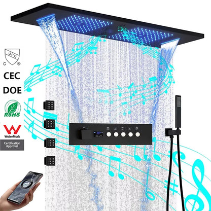 Ceiling Rain Shower Matte Black Modern LED Music Shower Set 36*12inch  Bathroom Thermostatic Digital Smart Mixed System