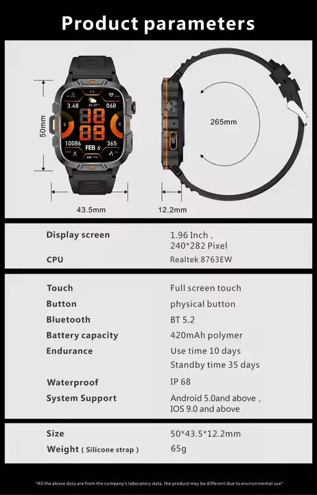New Men's Outdoor Sports Smart Watch Flashlight 1.96 Inch Large Screen IP68 Waterproof Smartwatch Compatible With Android iPhone