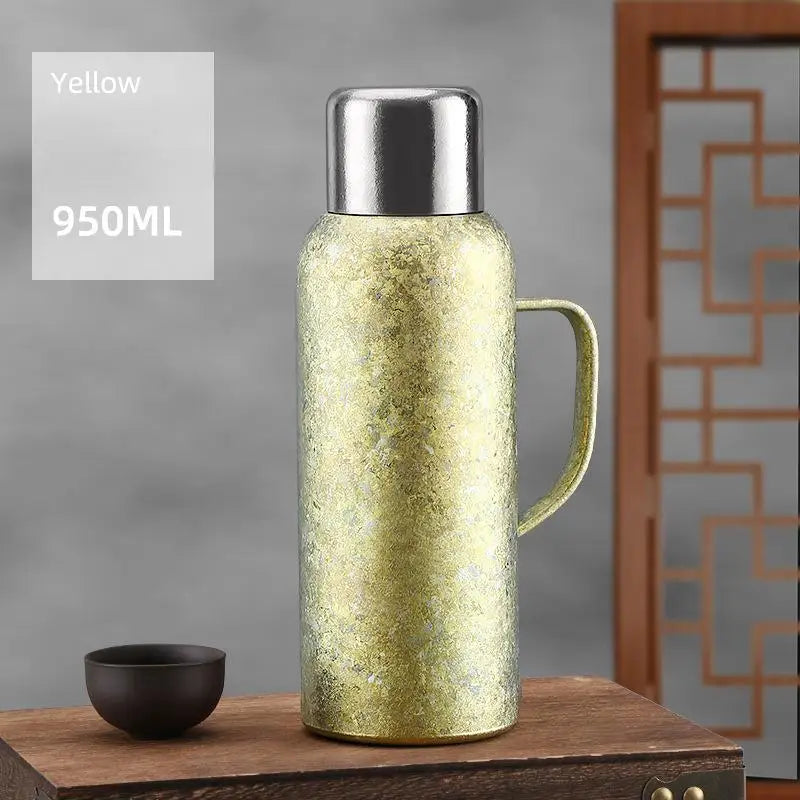Large Capacity Leak-Proof Titanium Insulated Thermos Bottle with Mechanical Temperature Display Lid and Handle for Camping