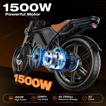 1500W New Lithium Battery Fat Tire 20-inch Electric Snow Bike Fat Bike 48V 20A Beach Off-road Road City Anti-motorcycle Model