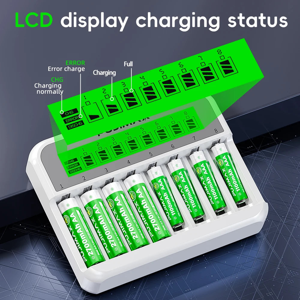 PUJIMAX Eight Slot AA AAA Battery Charger Ni-cd Nickel-Metal Hydride Battery Portable Battery Charger with Overcharge Protection