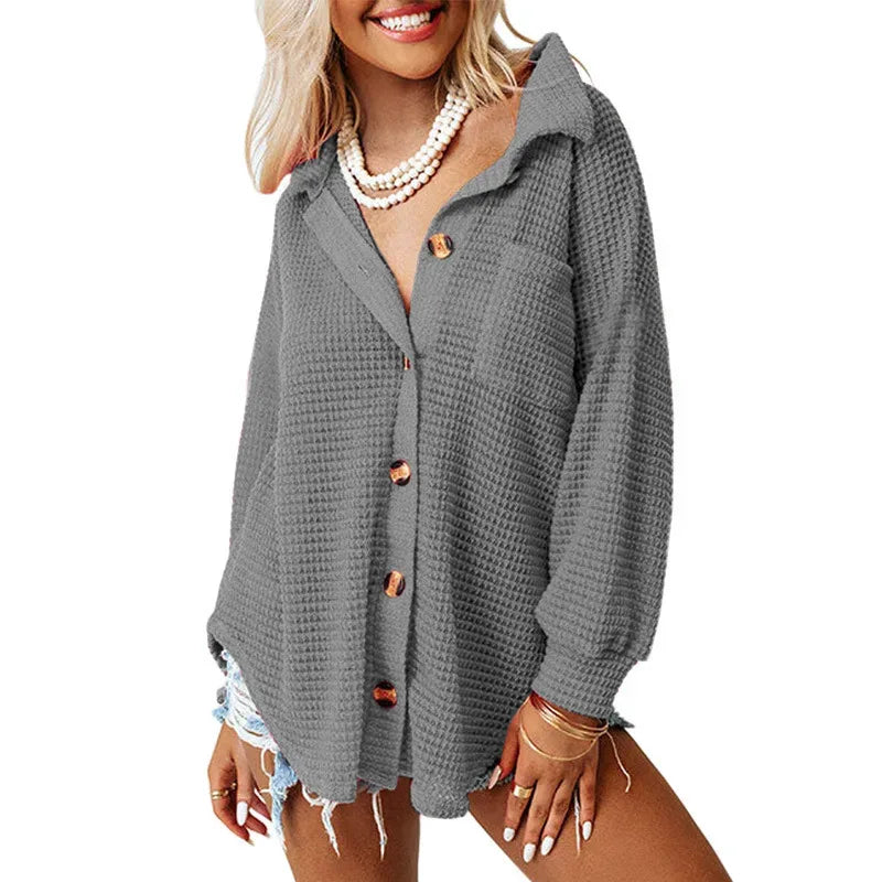 RNSHANGER Autumn Women Solid Color Blouses Casual Waffle Knit Plain Long Sleeve Pocket Shirts for Women