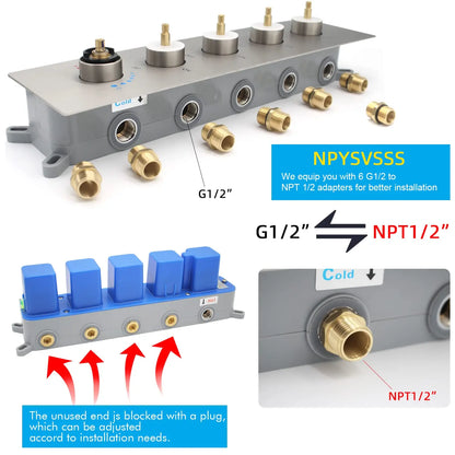 Modern 4 Way Thermostatic Shower Mixing Valve Concealed 5-Handle Brass Diverter Controlled Flow Polished Bronze Brushed Nickel