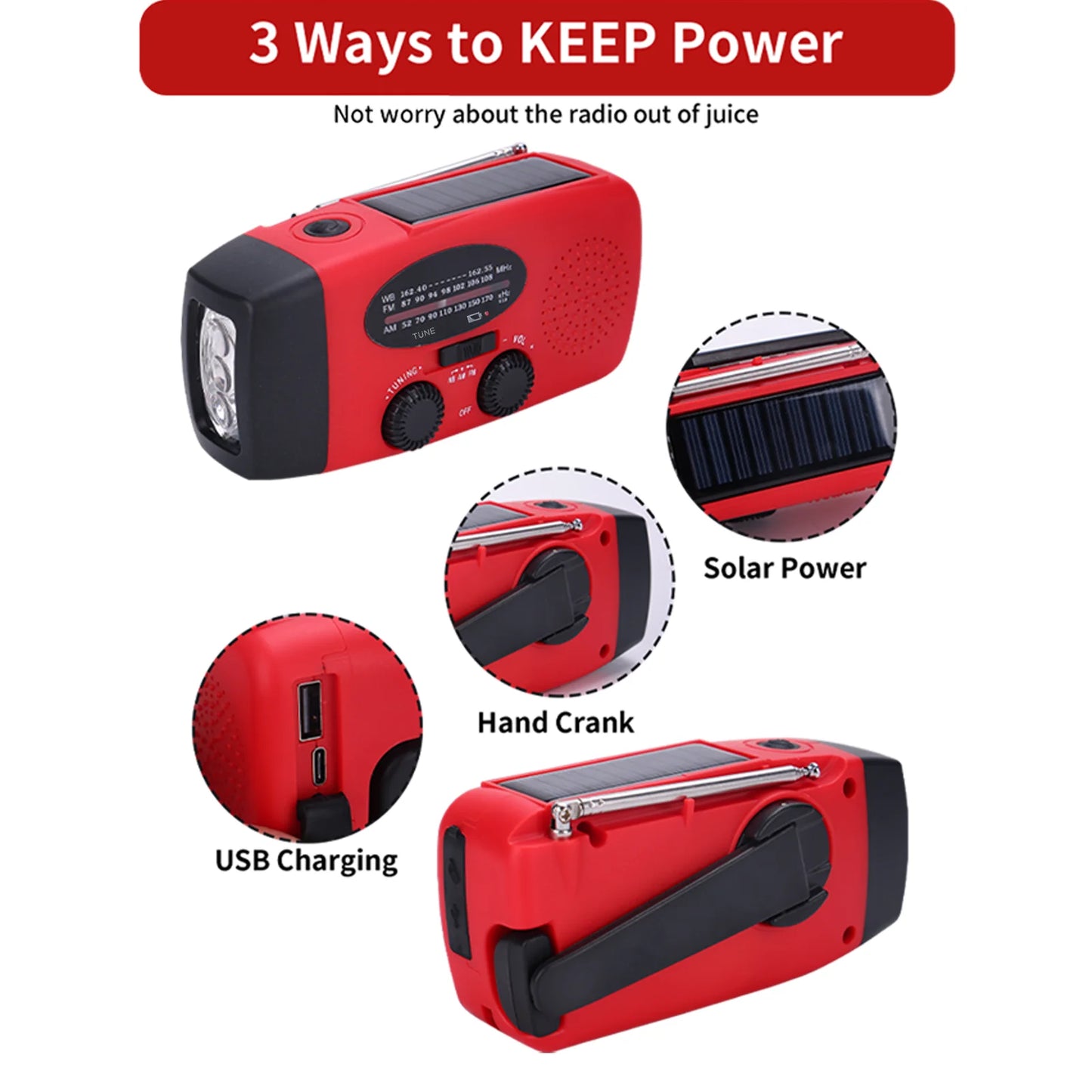 Multifunctional Waterproof Emergency Power USB Charger Solar Hand Crank Dynamo Portable AM/FM Radio Built-In Speaker Flashlight