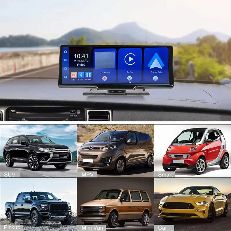 10.26 Inch Touch Carplay Screen 1080p Dash Cam DVR Car Screen Wireless Carplay Android Auto FM Phone Mirror Link Music Player