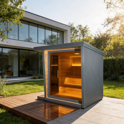 Home Outdoor Square Sauna Gray Wood Traditional Steam Sauna for 2-6 Persons Backyard Spa Square Sauna with Tempered Glass