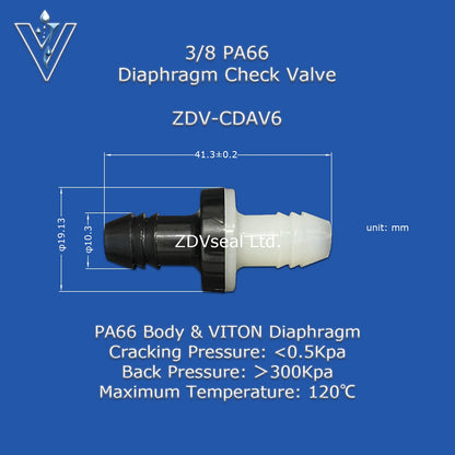 ZDVseal 3/8 Inch Nylon 66 Diaphragm Check Valve with Barbed End for 8mm Hose Automotive Oil Ink Water and Gas Systems