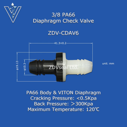 ZDVseal 3/8 Inch Nylon 66 Diaphragm Check Valve with Barbed End for 8mm Hose Automotive Oil Ink Water and Gas Systems by PDG ibma