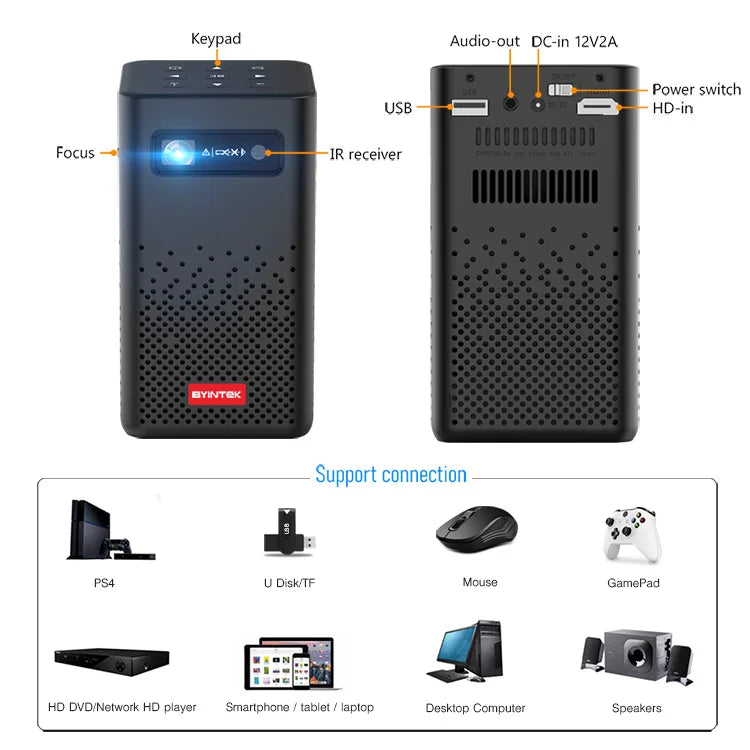BYINTEK P20 Hot Sale Portable Movie Android Projector 9.0 Smart Video Mirroring 4K Mini Projector for Home Cinema Office