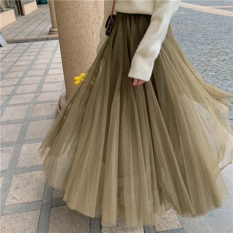 TingYiLi Elegant Tulle Skirt Autumn Winter Big Swing Women Skirt Korean Cute Pink Green Gray Blue Brown Black Long Skirt Tutu