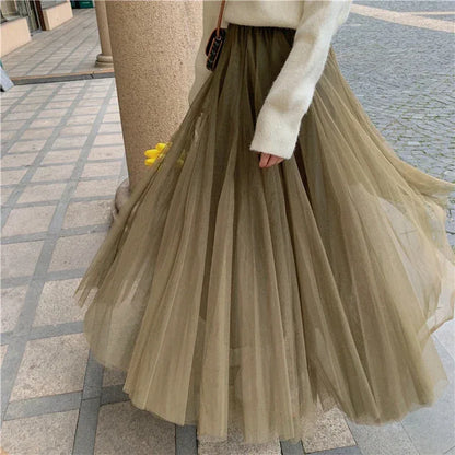 TingYiLi Elegant Tulle Skirt Autumn Winter Big Swing Women Skirt Korean Cute Pink Green Gray Blue Brown Black Long Skirt Tutu