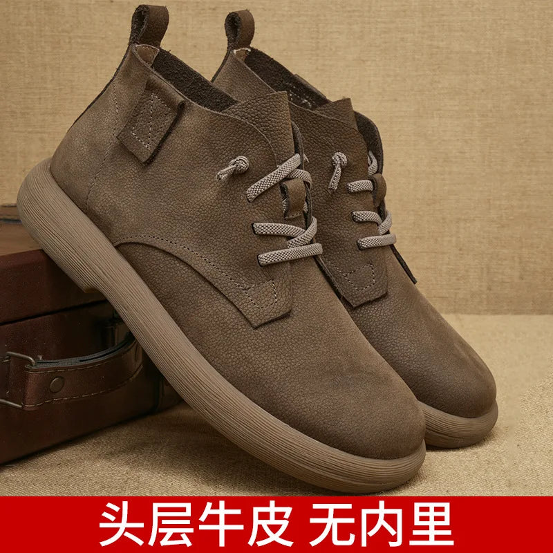 Men's Genuine Cow Leather Lace-up Round Toe Solid Walking Shoes Lightweight Outdoor Casual Style Rubber Outsole