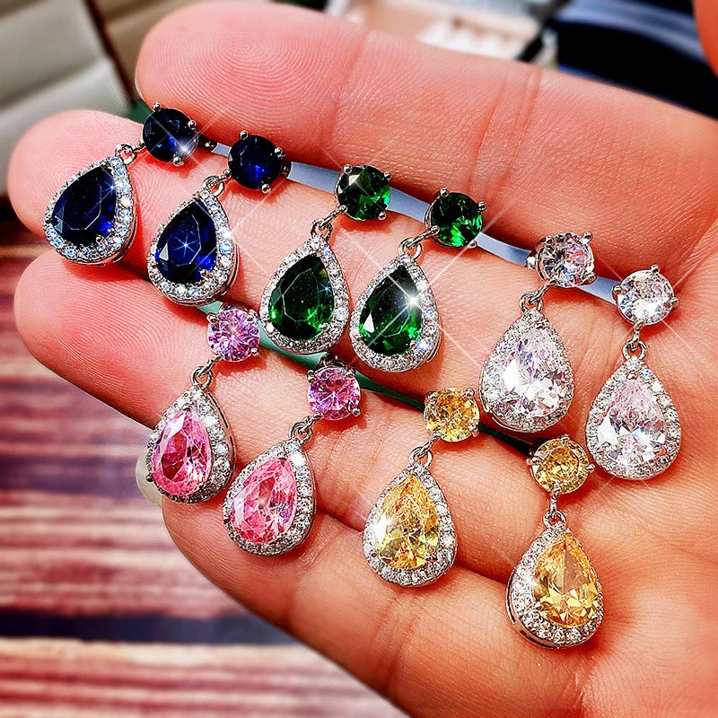 Luxury 925 Silver Water Drop Crystal Earrings Bezel Setting For Women Party Jewelry Blue Diamond Rhinestone Earrings