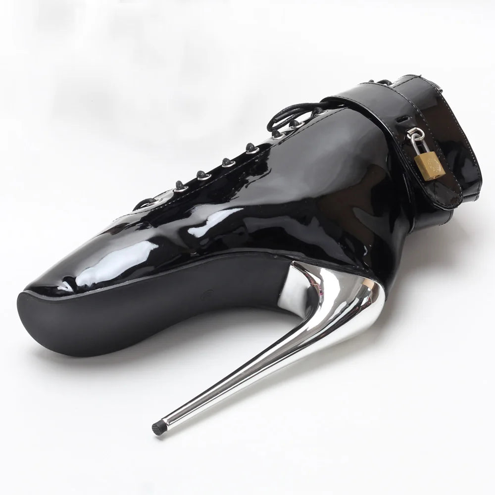 JIALUOWEI New 7Inch Stiletto High Heel Lock Wrap Strap Ankle Length Fetish Ballet Boots In Stock Shipping Fast