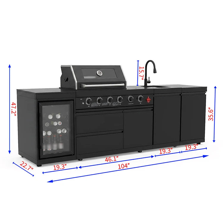 US Overseas Warehouse 304 Stainless Steel Outdoor Kitchen BBQ Island All in One Cooking Station with Fridge & Sink
