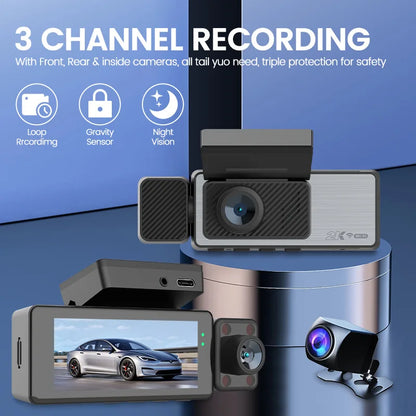 Fuallwin 3.16 Inch Touch Screen Car Dashcam DVR 3 Lens 170 Degree 4K Dash Camera Built-in GPS WiFi