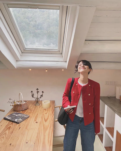2023 Winter Women Red Trench Coats Woolen Tweed Short Jackets Blazers Raincoat Za Oem Korean Fashion Y2k Clothes Overcoat Parkas