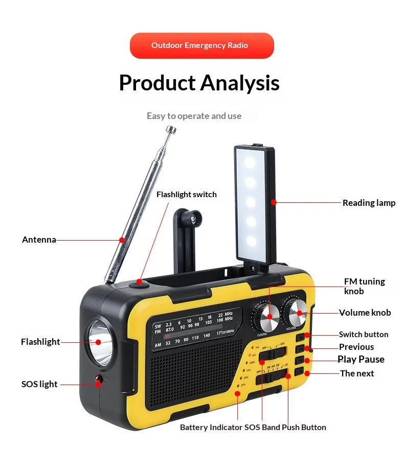 4000mAh Weather Emergency AM/FM Radio Noodradio Emergency Hand Crank Solar Charging Flashlight Survival Kit Gear Electronics