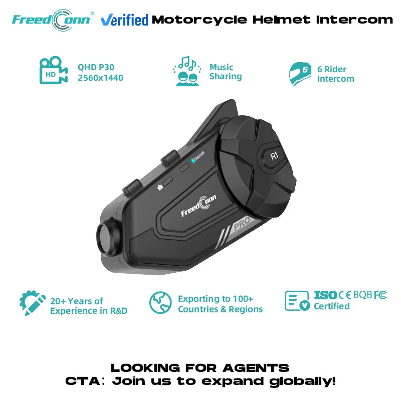 FreedConn  Intercom Recorder R1 Pro 2K Wireless Communication Excessive Power and Unlimited Energy for Motorcycles