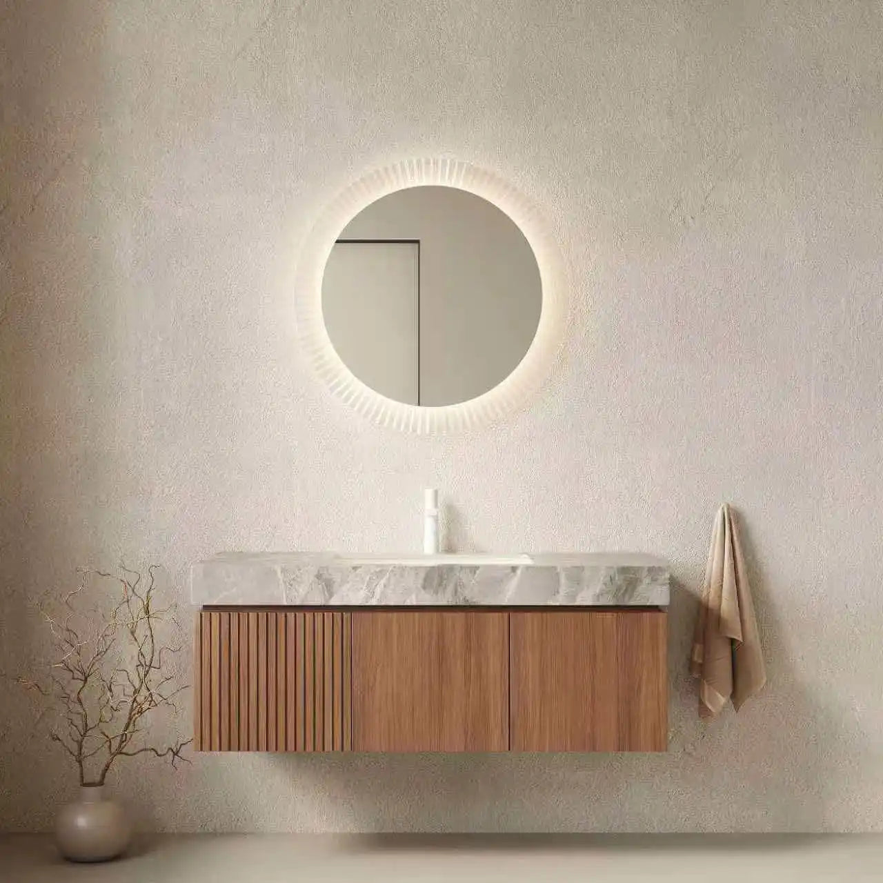 48 Inch Brown Oak Fluted Floating Bathroom Vanity Plywood Sintered Stone Ceramic Basin Free Shipping USA Homein