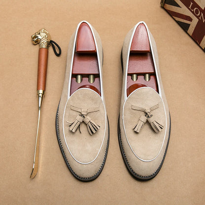 Green Color Faux Suede Breathable Logo Custom Available Wholesale Tassels Loafers Shoes for Men