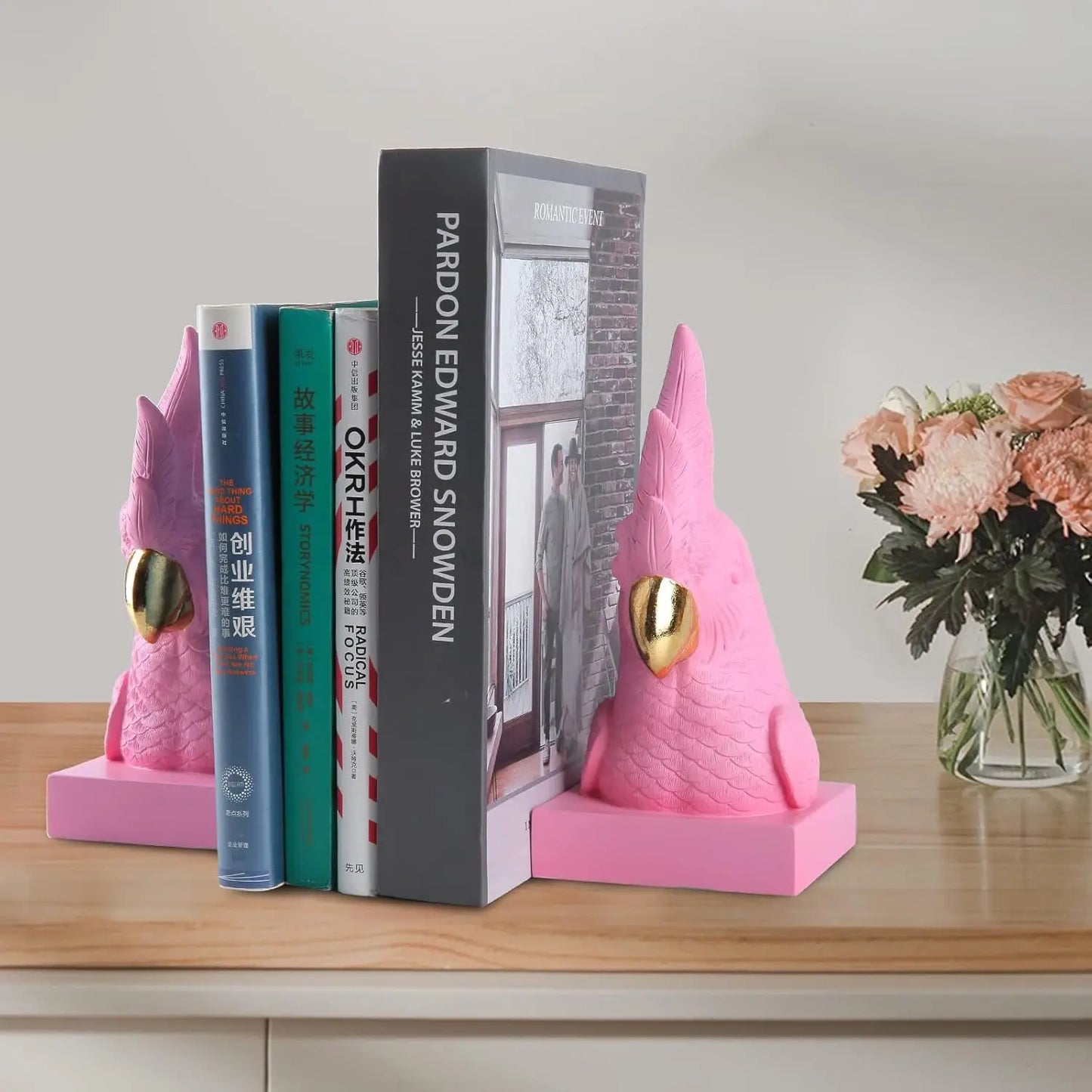 Pink Parrot Decorative Bookends Set of 2 Cute Bird Animal Sculpture Book Ends Resin Statues Book Stopper for Home Decor