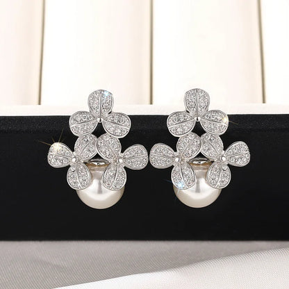 E3552 White Gold Flower Stud Earrings With Diamond Pav And Freshwater Pearl For Women Luxury Jewelry