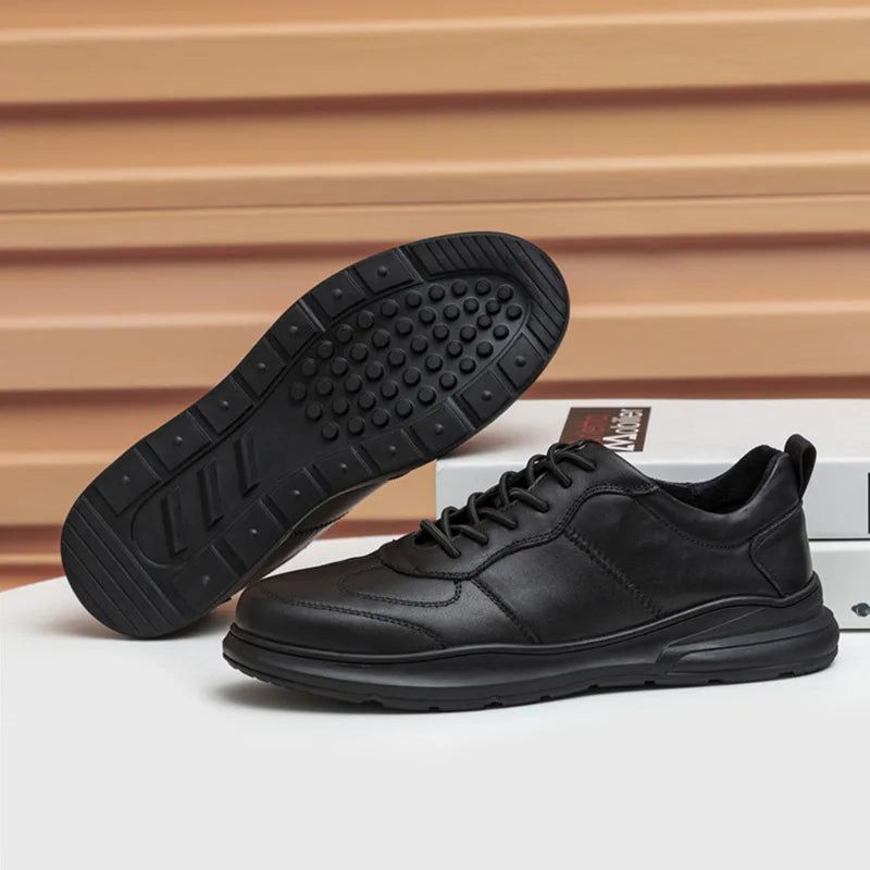 Men's Genuine Cow Leather Walking Shoes Round Toe Lace-up Breathable Mesh Lining Rubber Outsole Casual Style