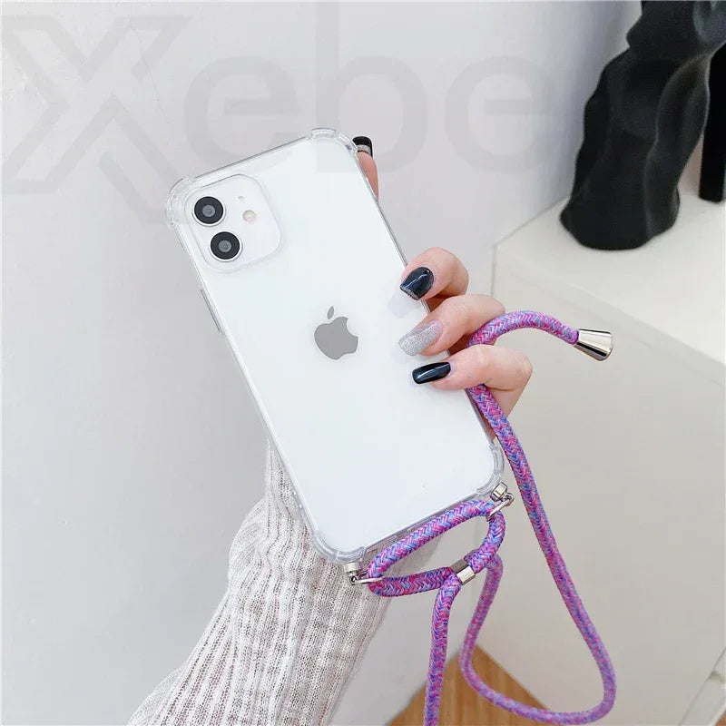 Necklace Lanyard Strap Chain Phone Case For iPhone 16 15 14 13 Pro Max 12 11 XS X XR Mini 7 8 Plus Transparent Soft Rope Cover