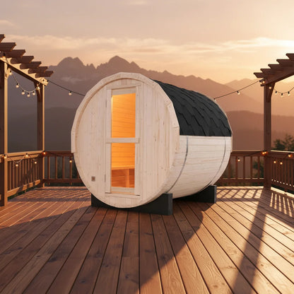 4-Person Outdoor Barrel Sauna Kit - Premium Natural White Pine, Backyard Spa, 10% OFF & in Stock Ready to Ship