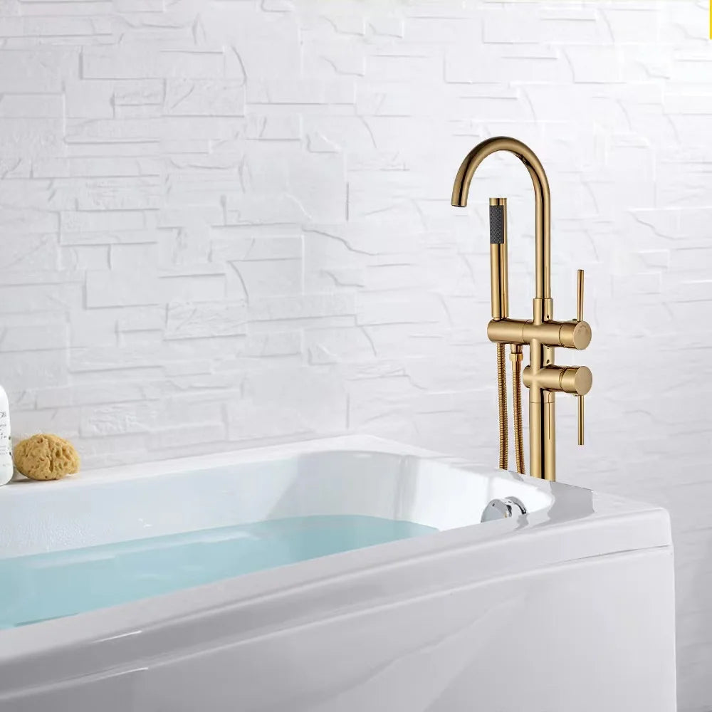 Luxury Hotel Project Gold Chrome Freestanding Bathtub Faucet Set Modern Rain Brass Mixer Shower Bath Taps With Hand Shower
